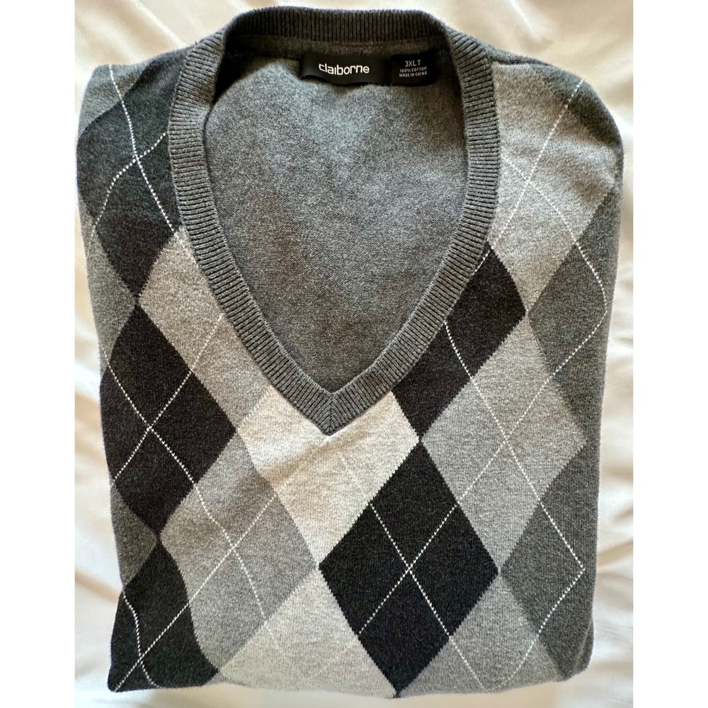 Claiborne Mens 3XLT Grey Argyle V-Neck Sweater 100% Cotton Knit/Business Casual